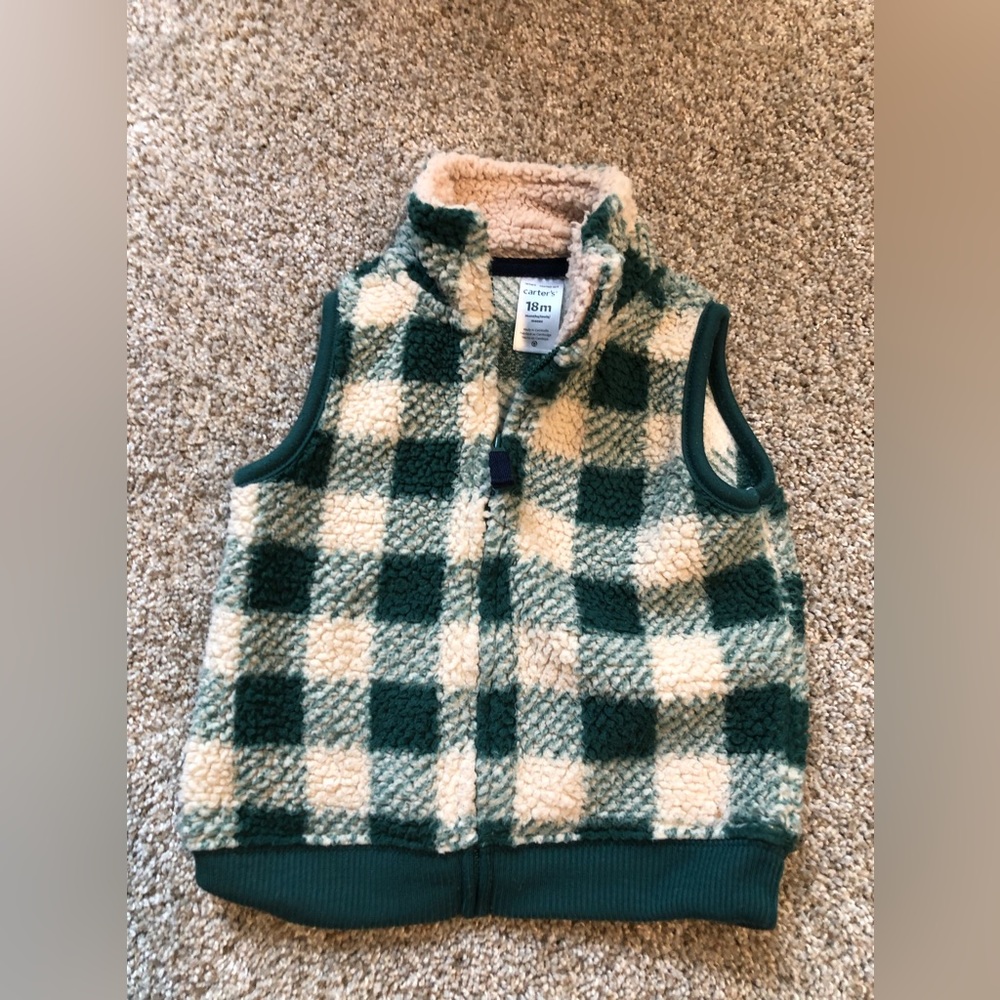 Carters 18 Month Green & Cream Sherpa Zip Up Vest- EUC